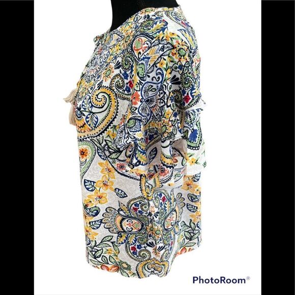 Rafaella colorful print blouse with double flutter sleeves,  keyhole tassel tie - Picture 2 of 8